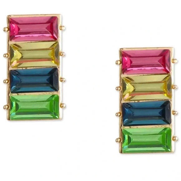 Multicolor Baguette-Crystal Gold Tone Drop Earrings NWT - Picture 1 of 2